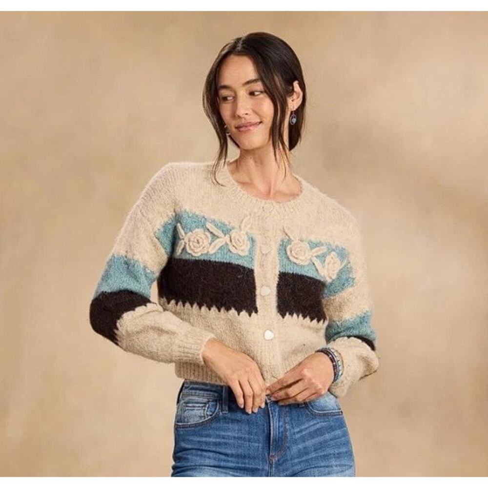 MAHILA Women's Louisa Bloom Cropped Cardigan Fuzzy Embroidered Rosette Size L